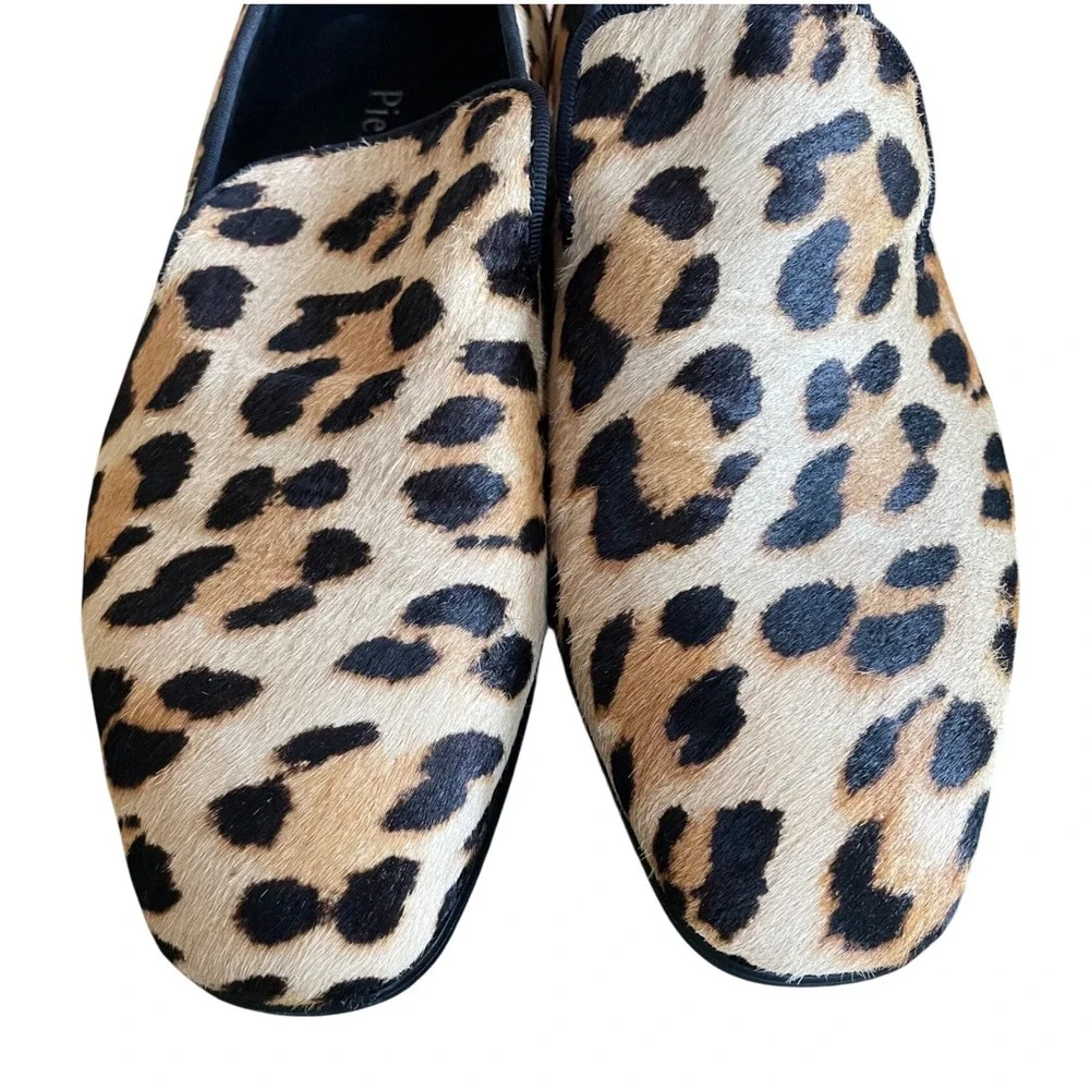 Piergitar Men's Leopard Print Pony Hair Loafers Smoking Slippers Size 7 Red Sole